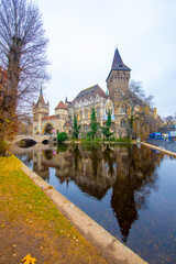 Fototapeta premium Vajdahunyad Castle with waterfront in Budapest at christmas time. Amazing Reflection.