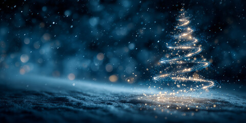 Stylized Glowing Christmas Tree Made of Swirling Lights in Snowy Night Scene