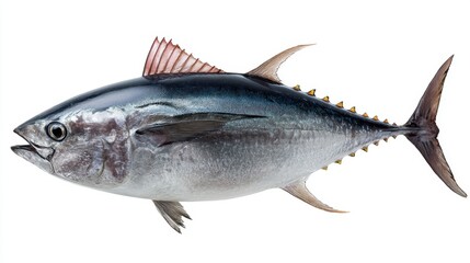 This large fish showcases a streamlined body sharp fins and a distinct color pattern. It swims through clear water under bright daylight highlighting its features and strength.