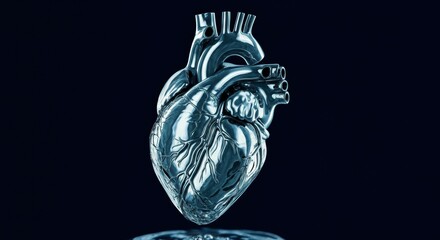 Anatomical heart sculpture in reflective metallic finish on dark background
