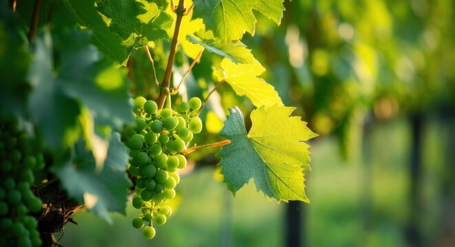 Green grapes on vineyard vine bathed in warm sunlight with lush leaves - Powered by Adobe