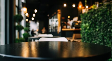 Empty cafe table in the foreground with blurred bistro interior and green plant wall