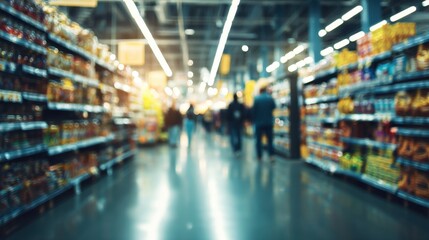 Obraz premium A busy grocery store aisle shows shoppers walking through rows of shelves filled with various products. The store is bustling with activity during peak shopping time.