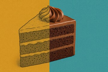 Delicious Chocolate Cake Slice with Whipped Cream on Top Against a Bold Color Background, Perfect for Dessert Lovers and Food Photography Enthusiasts