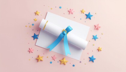 Baby Milk Bottle with Blue Ribbon on Pink Background with Colorful Stars.