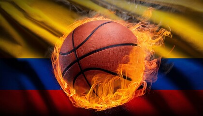A basketball blazes with fire against Colombia waving flag, symbolizing fierce passion and sport. The dynamic image fuses national pride with the energy of competitive spirit.