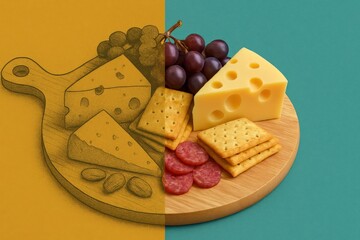 A Delicious Cheese Platter Featuring Various Cheeses, Grapes, Crackers, and Meats Presented in Unique Artistic Style