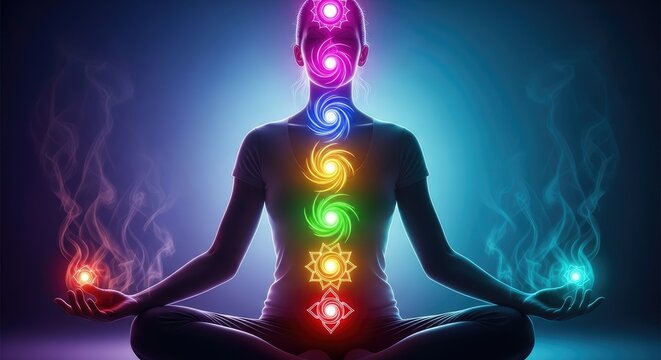 Meditating figure with radiant energy vortexes and colored lights flowing, representing spiritual awakening and inner balance, deep focus and peaceful contemplation.