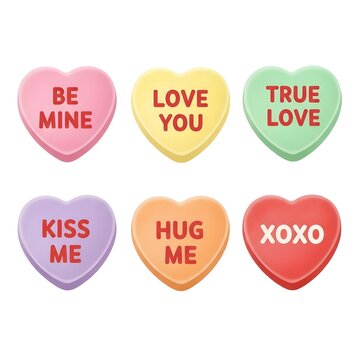 Six colorful candy hearts isolated on transparent background with affectionate messages