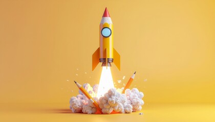Rocket Launching with Flames and Smoke on a Yellow Background.
