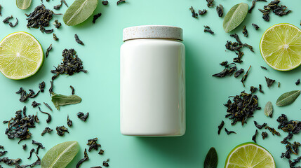 White cosmetic or tea storage jar centered on mint green background with scattered dried tea leaves and lime slices, fresh wellness and beverage branding mockup for natural lifestyle products