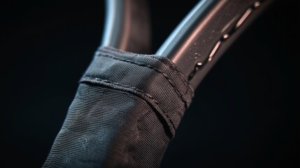 Close-up of the grip on a black tool handle with texture and shine under light