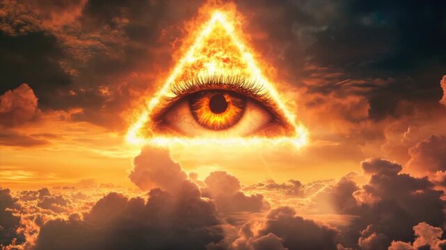 Fiery burning Eye of Providence in sky among clouds. All-seeing God's eye on fire. Symbol of Illuminati and Freemasons