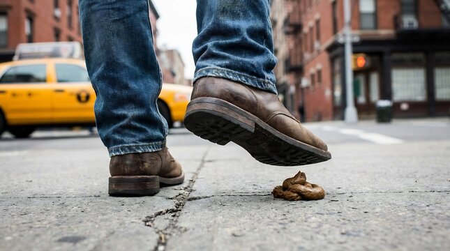 A shoe hovers just above a pile of dog feces on an urban sidewalk, capturing an awkward urban moment.