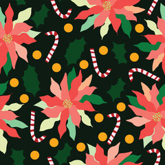 poinsettia flowers, candy canes, pointy leaves and black wallpaper seamless pattern. Good for fabric, textiles, product packaging and more.