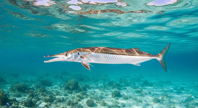 Halfbeak fish swimming near the water surface with its distinctive elongated lower jaw. A sleek coastal fish often found in shallow tropical and subtropical waters.
