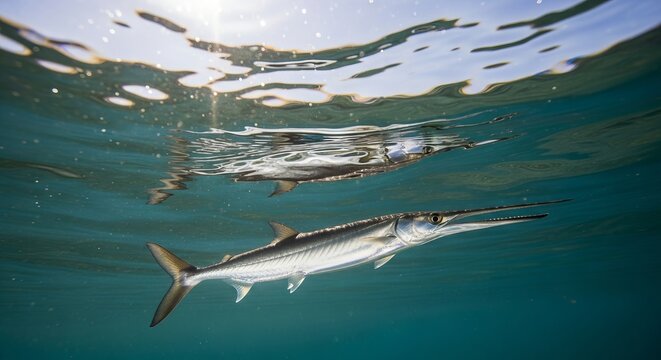 Halfbeak fish swimming near the water surface with its distinctive elongated lower jaw. A sleek coastal fish often found in shallow tropical and subtropical waters.