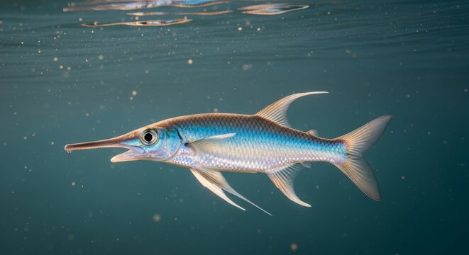 Halfbeak fish swimming near the water surface with its distinctive elongated lower jaw. A sleek coastal fish often found in shallow tropical and subtropical waters.