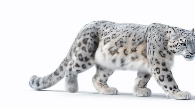 Majestic Snow Leopard Strolling Across a Pristine White Background.