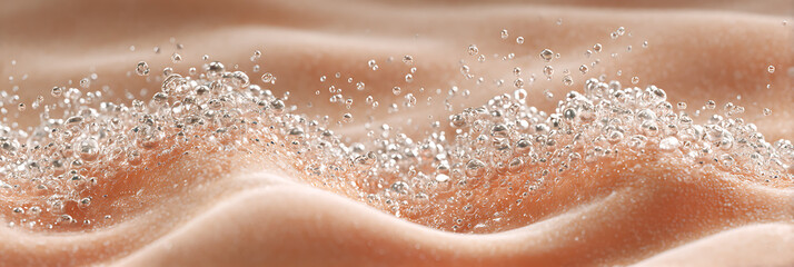 Fototapeta premium Close up of sparkling water bubbles dancing over soft peach toned skin like surface, macro freshness texture ideal for skincare hydration, spa wellness and cosmetic advertising visuals