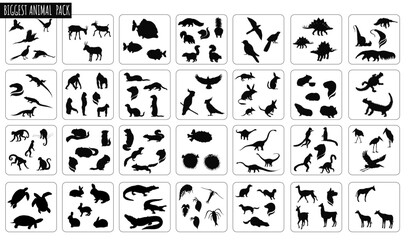 Naklejka premium Silhouette Zoo: A collection of various animal silhouettes, arranged in a grid-like pattern against a simple backdrop, perfect for design usage