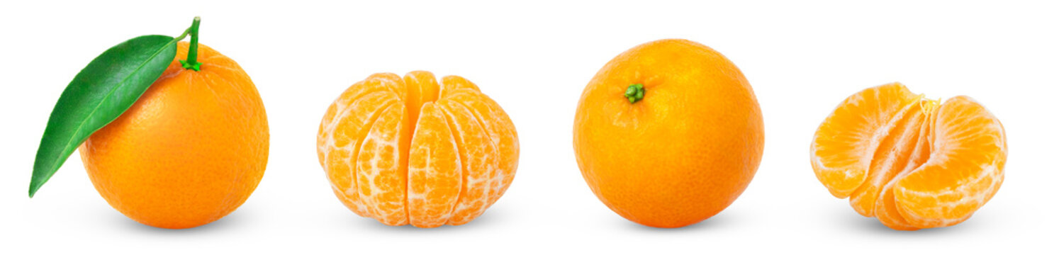 Ripe organic mandarin, tangerine or clementine fruit with green leaf and peeled mandarin and half of tangerine isolated set.