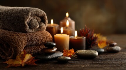 Soft towels sit next to lit candles on a wooden surface. Dark stones and autumn leaves add warmth to the scene creating a cozy atmosphere for relaxation and self care.