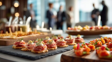 A spread of various appetizers is arranged on tables at a business event. People are seen in the background engaging in conversation. The setting is bright and modern.