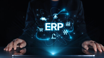 ERP platform visual showing centralized system for enterprise resource planning, improving integration, data flow, business efficiency, finance, inventory, and human resources. Elide