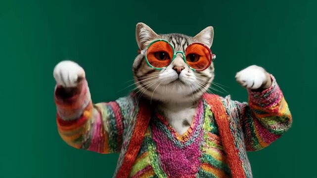 Cat wearing colorful clothes and sunglasses dancing on the green background, Cat wearing colorful clothes and sunglasses dancing joyfully against a vibrant green background