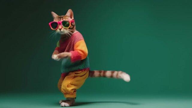 Cat wearing colorful clothes and sunglasses dancing on the green background, Cat wearing colorful clothes and sunglasses dancing joyfully against a vibrant green background