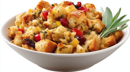 A bowl holds a mixture of bread cubes herbs and fruits ready to be served during a meal. This dish is often enjoyed at gatherings and special occasions.