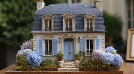 A detailed model house sits on a table surrounded by colorful flowers. It features blue shutters and is part of an outdoor gathering.