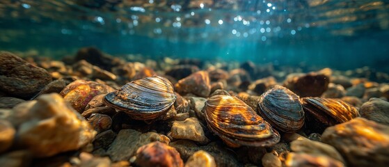 Mussels rest among river stones beneath shimmering water, sunlight dappling their glossy shells. The tranquil underwater view highlights quiet marine life and natural beauty.