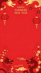 Happy Chinese New Year Red Background with Golden Dragons, Lanterns, Plum Blossoms, and Festive Greeting Text