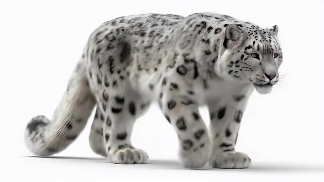 Majestic Snow Leopard Strolling Across a White Background.