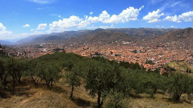 Peru. Cusco, the historic capital of the Inca Empire, a panoramic view of the city seen from Pukamuqu mountain (Cristo Blanco Mirador)