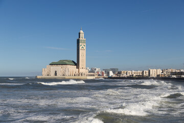 scenic view of the Hassan II Mosque, located on the coast of the Atlantic Ocean in Casablanca, Morocco