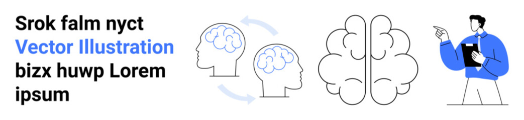 Education, neuroscience, training, health, communication, research. Brain diagram with arrows processes and a professional figure pointing. Neuroscience and education