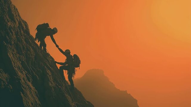 climber helping others at the mountain, Mountain climber assisting others during a challenging ascent, showcasing teamwork and bravery