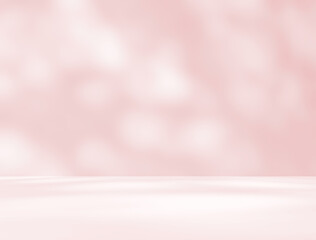 Empty pink colour room studio with sunlight effect shadow on the floor and wall for product presentation. Minimal backdrop design. Cosmetic, beauty and fashion showroom. Summer background mock up.