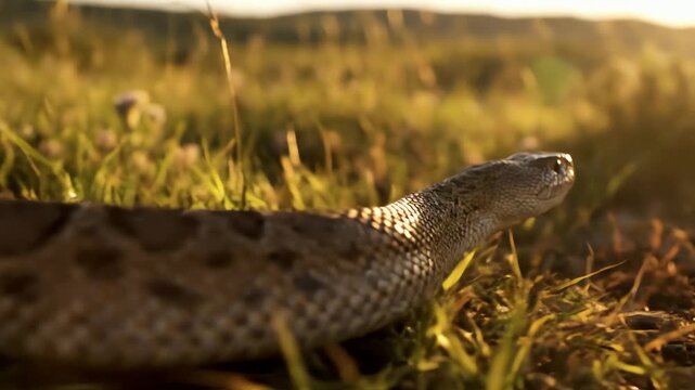 Close up of a diamondback rattlesnake exploring tall dry grass in golden hour sunlight