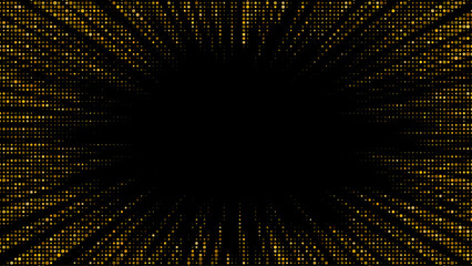 Golden halftone dots create a radiant starburst pattern with glowing rays and sparkling confetti on a luxurious gradient backdrop with shimmering golden light effects © vik_y