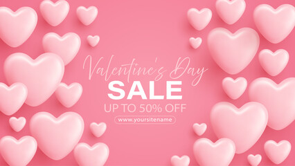 Pink 3D heart balloons floating on white background. Valentine's Day romantic decoration with glossy heart shapes. Love celebration design with cute festive elements