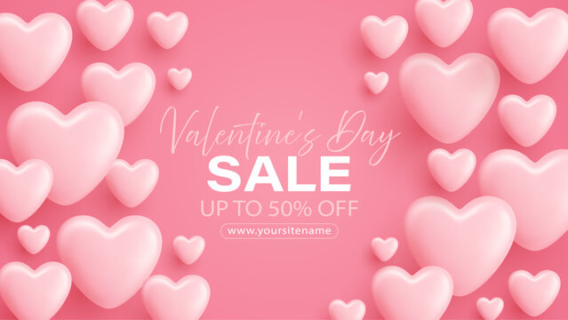 Pink 3D heart balloons floating on white background. Valentine's Day romantic decoration with glossy heart shapes. Love celebration design with cute festive elements - Powered by Adobe