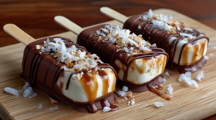 Three frozen desserts sit on a wooden board. Each dessert features chocolate coating nuts and coconut flakes. They look sweet and tasty in a kitchen environment.