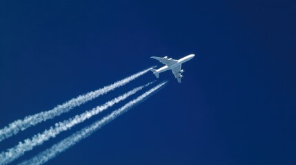 An airplane is in the blue sky creating vapor trails as it moves through the atmosphere. The scene shows clear weather with no clouds present.