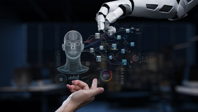 A futuristic scene showcasing a robotic hand interacting with a digital representation of a human brain, emphasizing artificial intelligence and data processing in a modern workspace. Synapse - Powered by Adobe