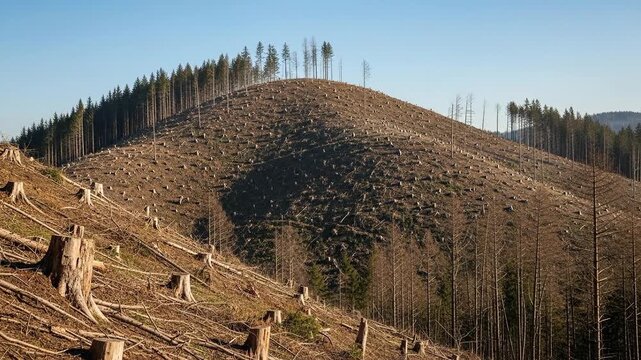 A hillside view showcasing deforestation with tree stumps and clear-cut land.