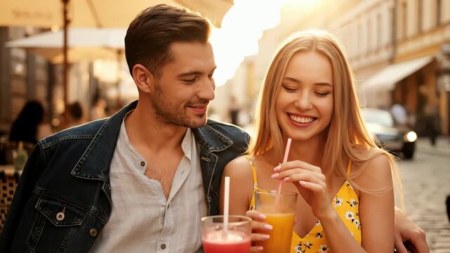 Happy young couple on a romantic date enjoying drinks at an outdoor cafe at sunset
